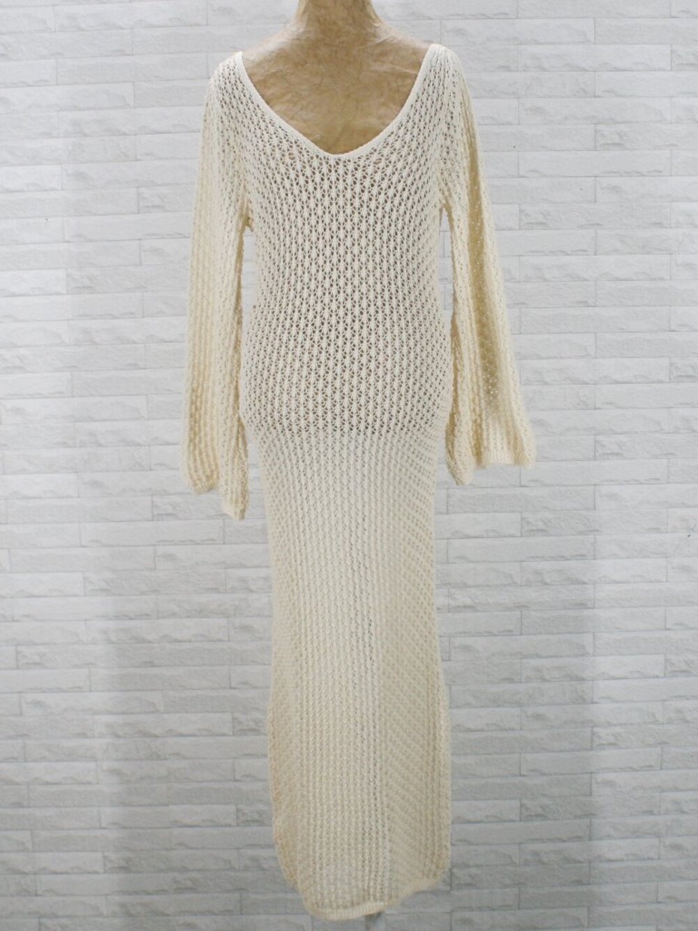 Dress Knit Lace Sheer Bodycon Long Sleeve Fitted Stretch Crochet Neutral Ecru M